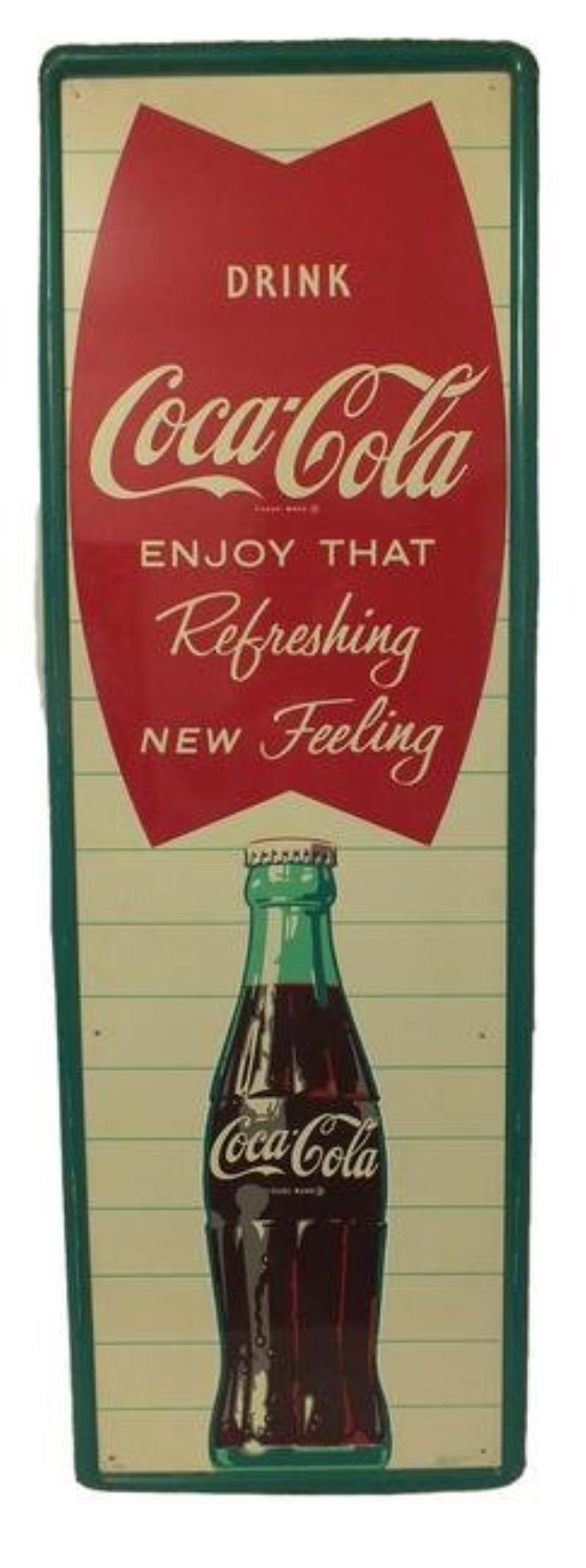 Tall metal sign with iconic Coca Cola script and glass