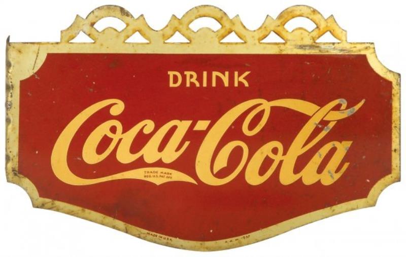 Coca-Cola sign, 2-sided metal flange, 1937, VG cond