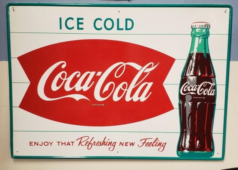 NOS Coca Cola Fishtail Ice Cold Sign with Bottle