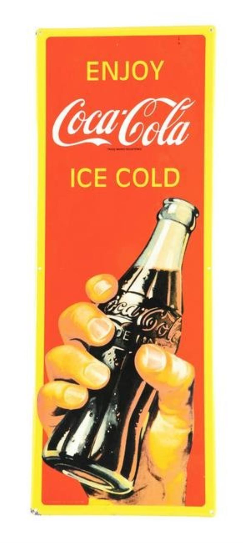 COCA-COLA ENJOY ICE COLD PORCELAIN VERTICAL SIGN.