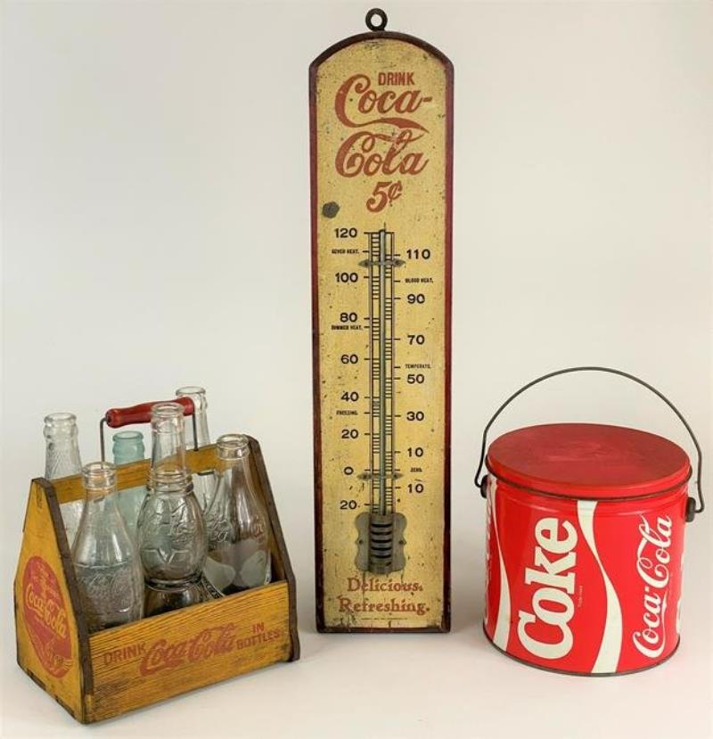 Coca Cola Thermometer, Six Pack Holder and Bucket