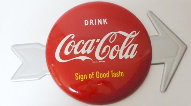 COCA-COLA BUTTON AND ARROW SIGN 1950'S