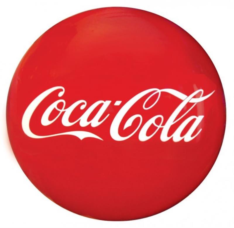 Coca-Cola button sign, enamel on metal, Exc restored