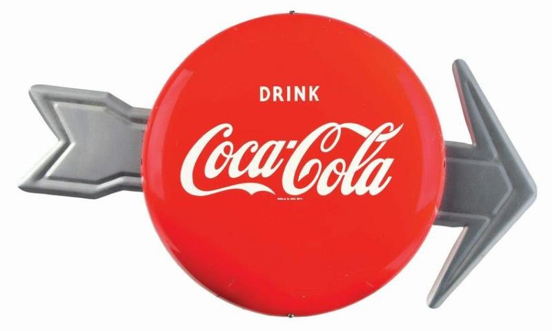 COCA-COLA TIN BUTTON SIGN WITH ARROW