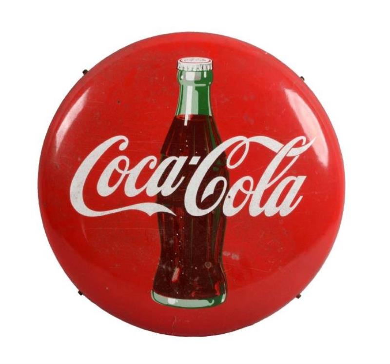 Coca-Cola Porcelain Button Sign with Iron Bracket.