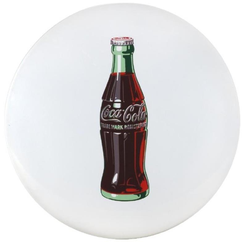 Coca-Cola button sign, porcelain, white w/bottle
