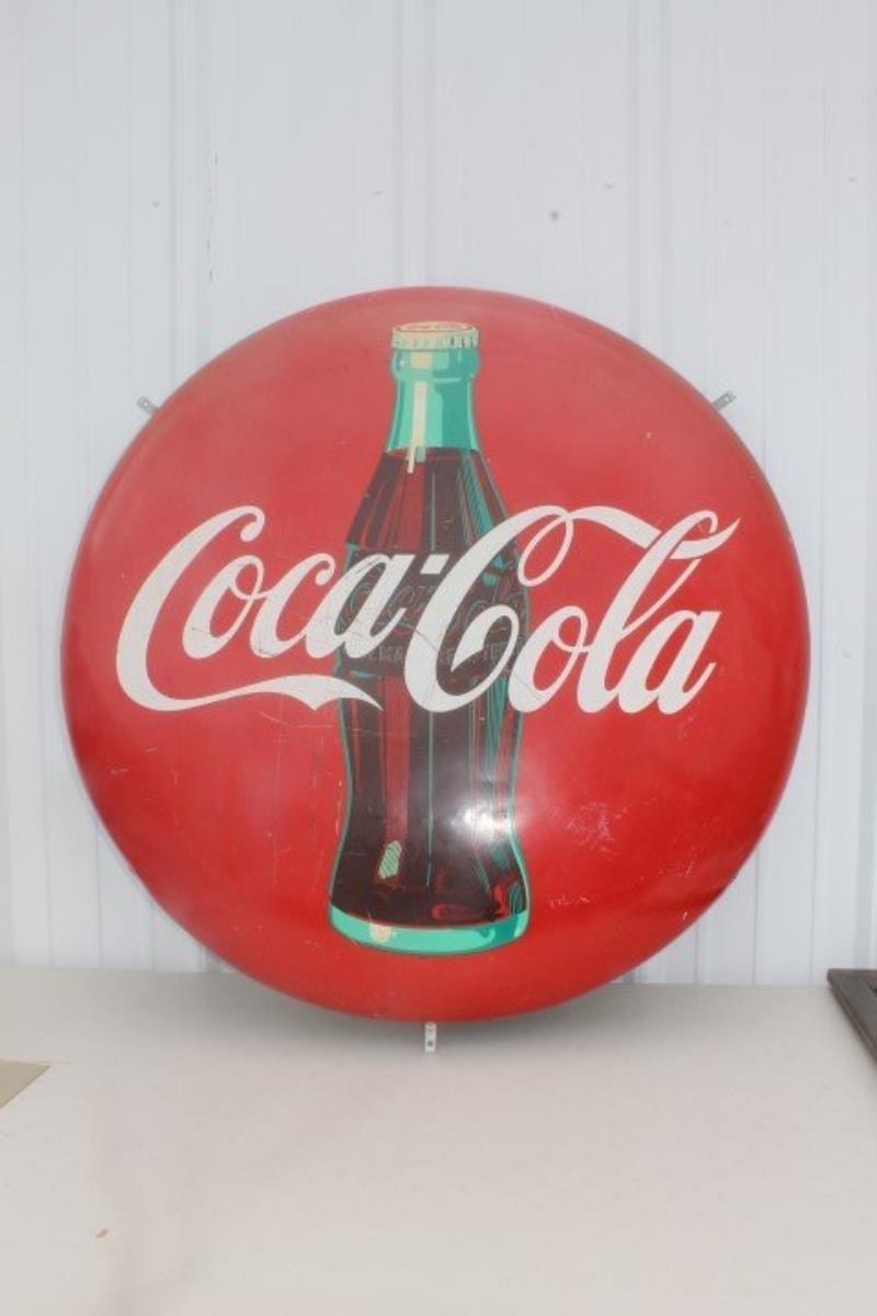 1954 Coca-Cola button sign with bottle. Some loss and