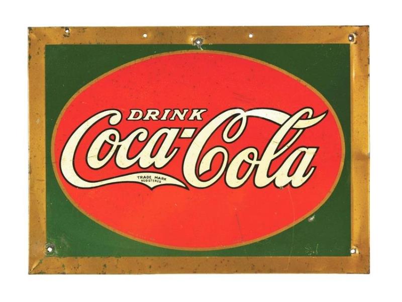 PAINTED METAL TIN OVER CARDBOARD COCA-COLA SIGN.