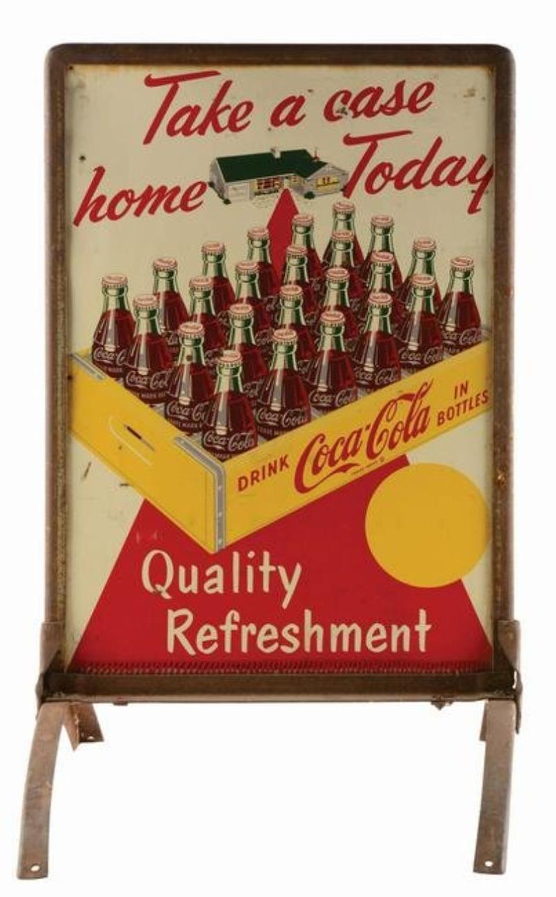 PAINTED TIN COCA-COLA 24-PACK DOUBLE-SIDED TIN SIDEWALK
