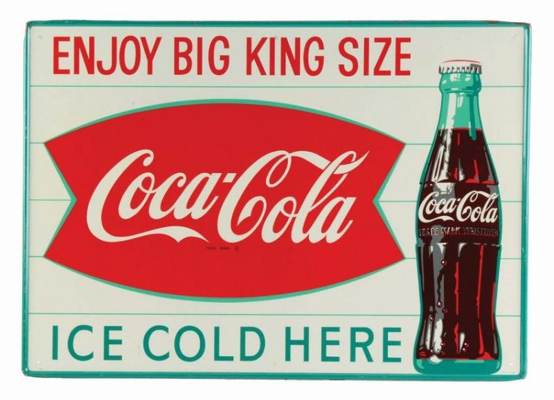 KING SIZE COCA-COLA SELF-FRAMED TIN SIGN.