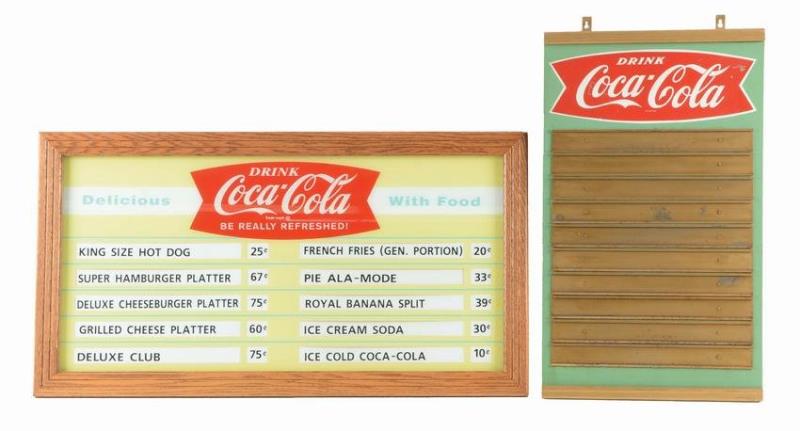 Coca-Cola menu boards (2), fishtail logo - Delicious Value & Price Guide