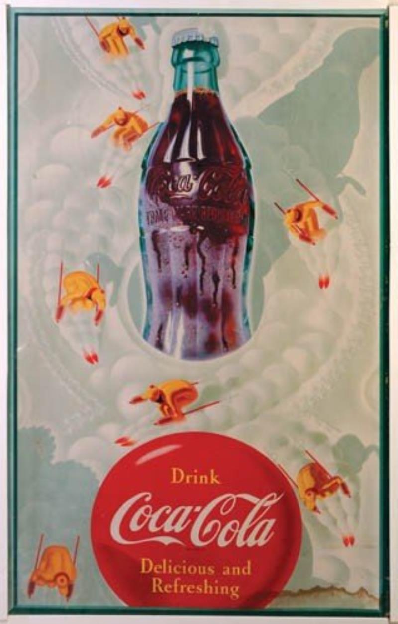 1954 Coca-Cola cardboard sign Skiers around bottle