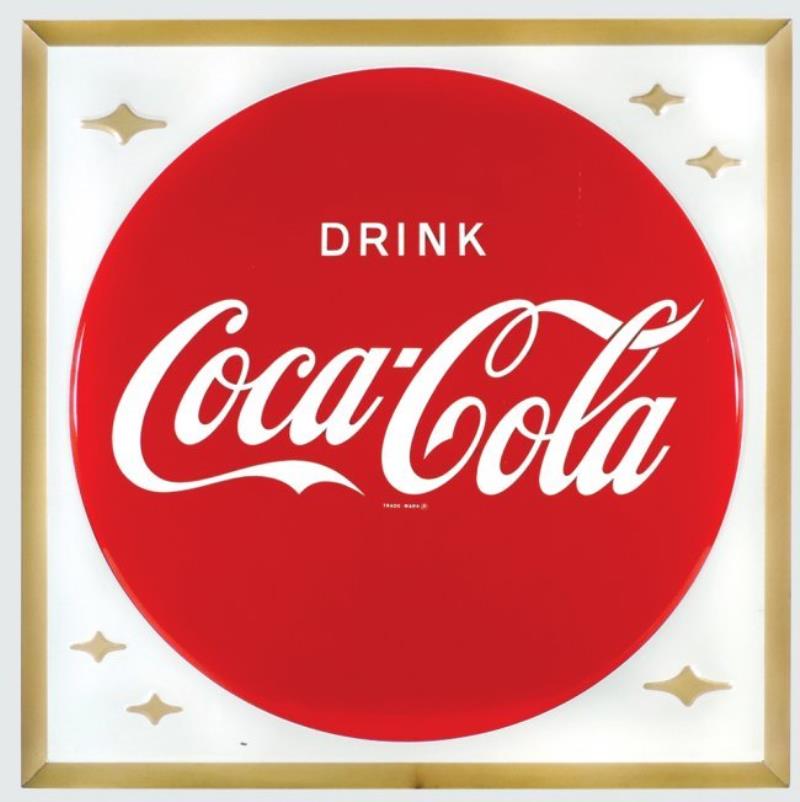 Coca-Cola sign, self-framed metal w/bottle cap center,