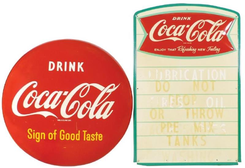 Coca-Cola button sign & menuboard (2), both metal,
