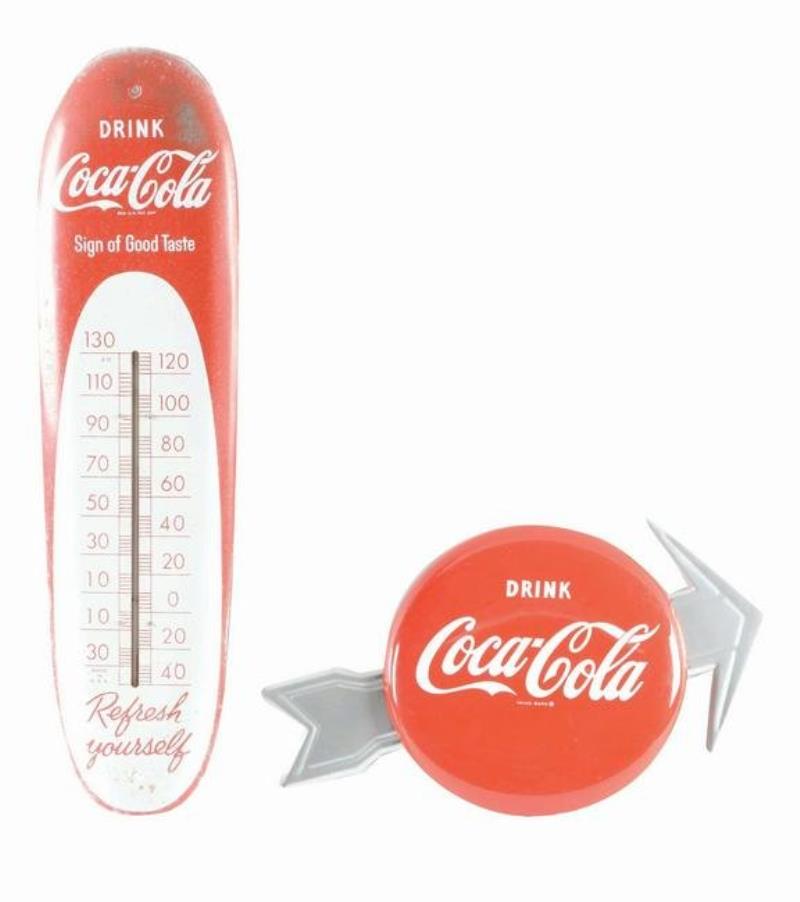 COCA-COLA SIGN AND ADVERTISING THERMOMETER.