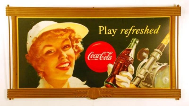 Large 1950 Coca-Cola Fishing Girl Cardboard Sign