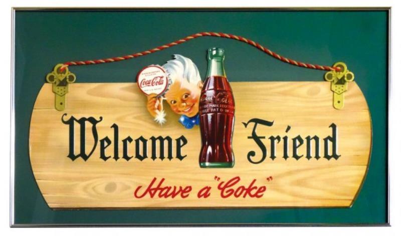 Coca-Cola sign, Welcome Friend w/Sprite Boy, framed