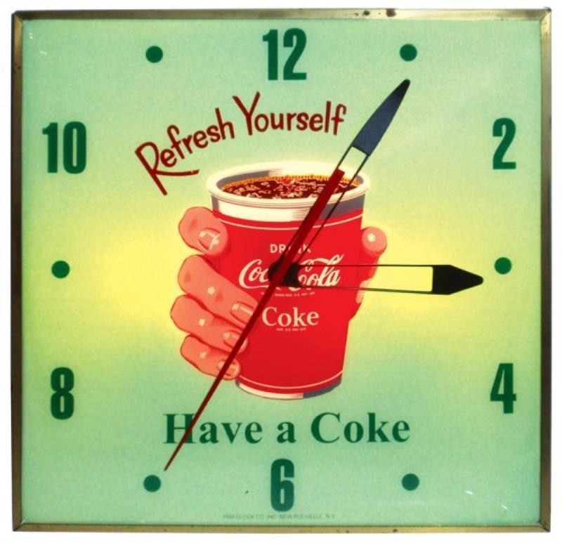 Coca-Cola clock, square light-up w/glass "Drink C