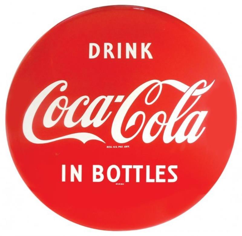 Coca-Cola button sign, "Drink Coca-Cola in Bottles",
