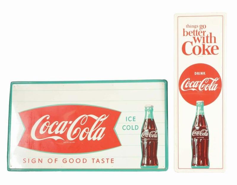 COCA-COLA SELF-FRAMED TIN ADVERTISING SIGNS.