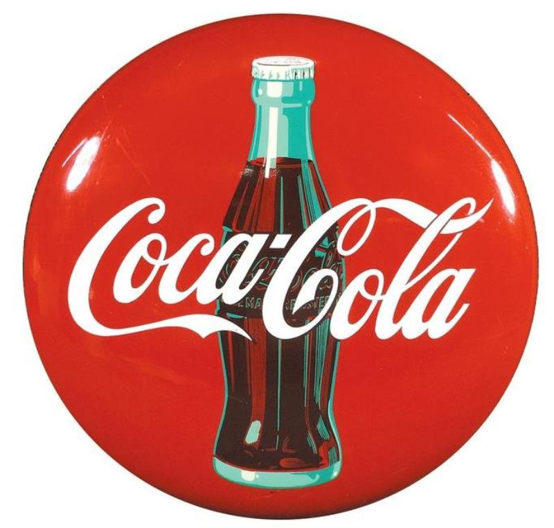 Coca-Cola button sign, metal w/bottle graphic, marked