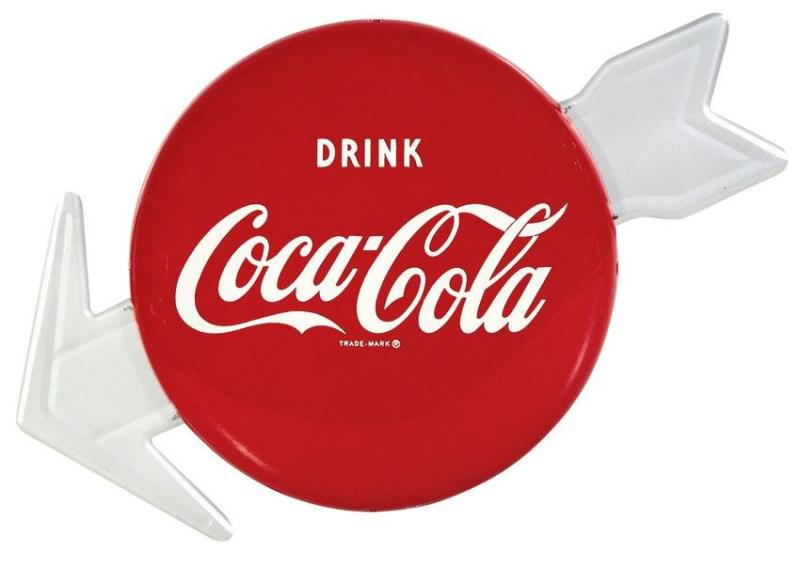 Coca-Cola Sign, Drink button w/arrow, metal w/embossed