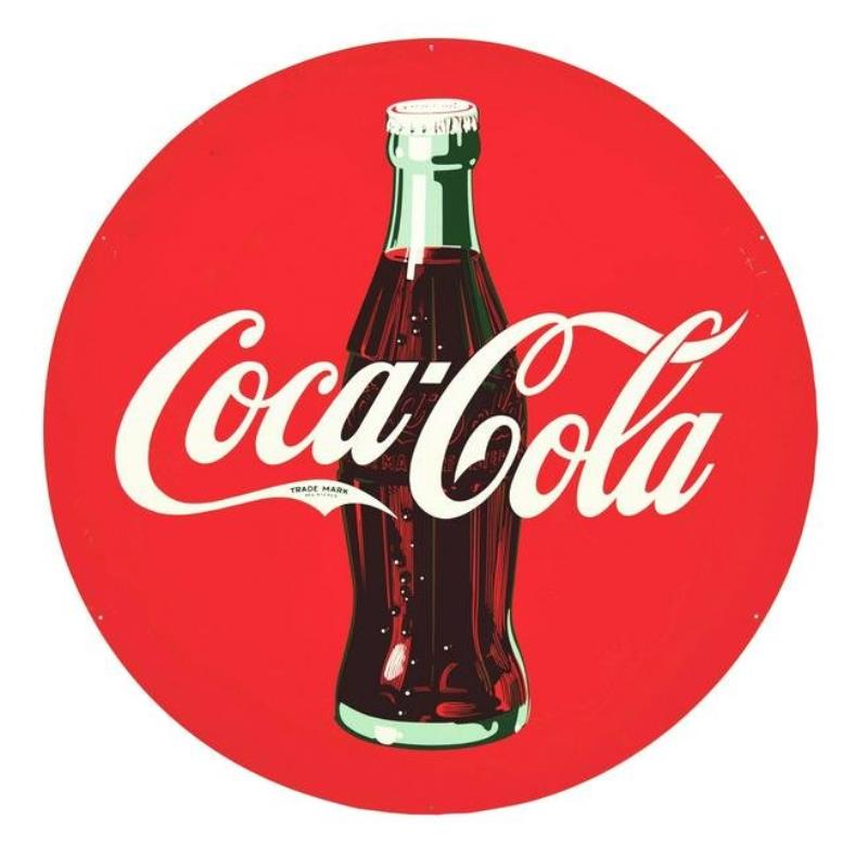 COCA COLA TIN SIGN W/ EARLY BOTTLE GRAPHIC.