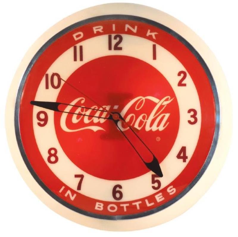 Coca-Cola clock, plastic lightup, Exc wkg cond, 18"Dia.