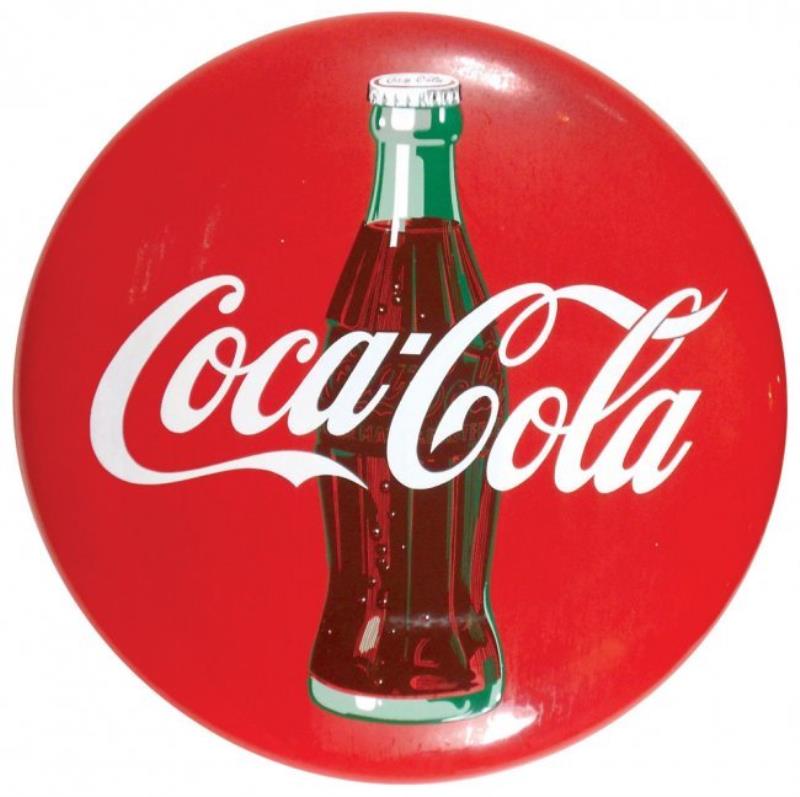 Coca-Cola button sign, porcelain, Coca-Cola w/bottle,
