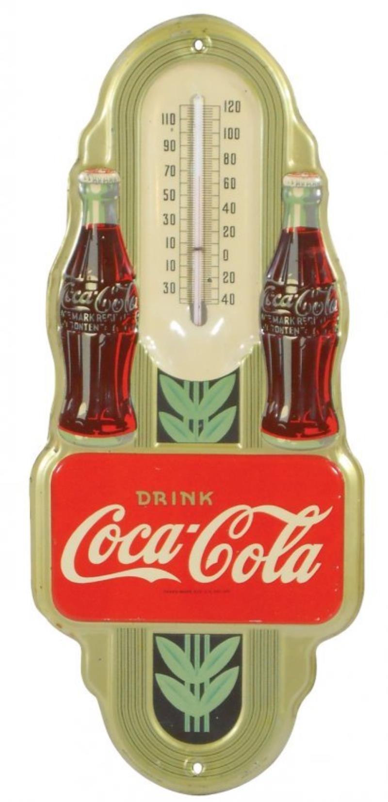 Coca-Cola thermometer, embossed metal w/gold background