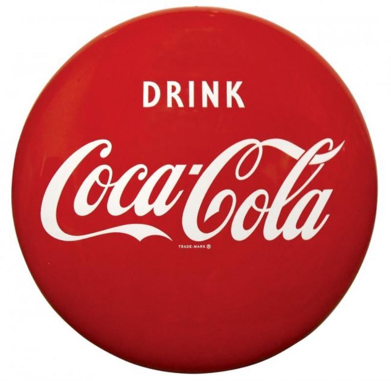 Coca-Cola button sign, "Drink Coca-Cola", enamel on met