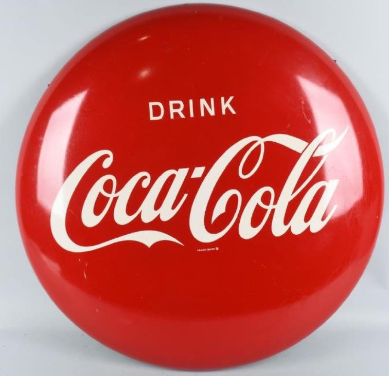 1950s 36" DRINK COCA COLA TIN BUTTON SIGN