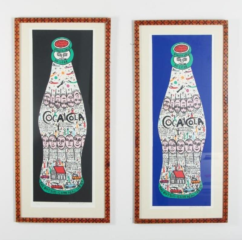 2 Howard Finster signed Coca Cola prints, framed
