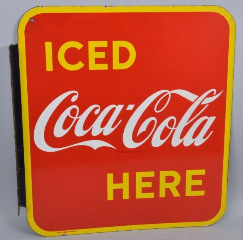 Iced Coca-Cola Here Porcelain Flange Sign.