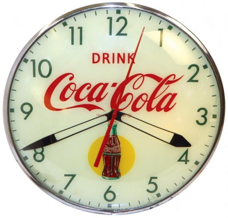 Coca-Cola clock, round light-up w/bottle graphic, Pam