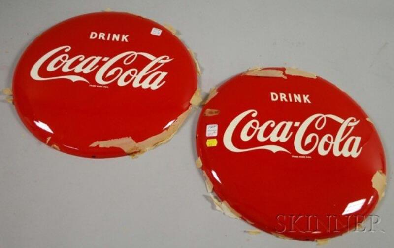 Pair of Coca-Cola Painted Tin Button Signs, c. 195