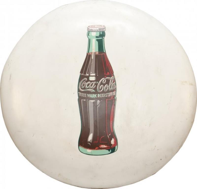 Coca-Cola w/Bottle Picture Button Sign, White - 36