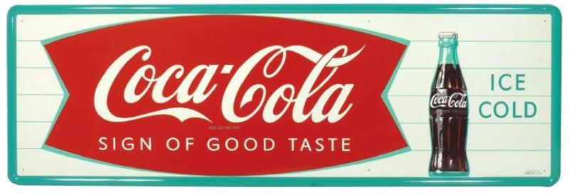 Coca-Cola sign, self-framed metal fishtail & w/bottle