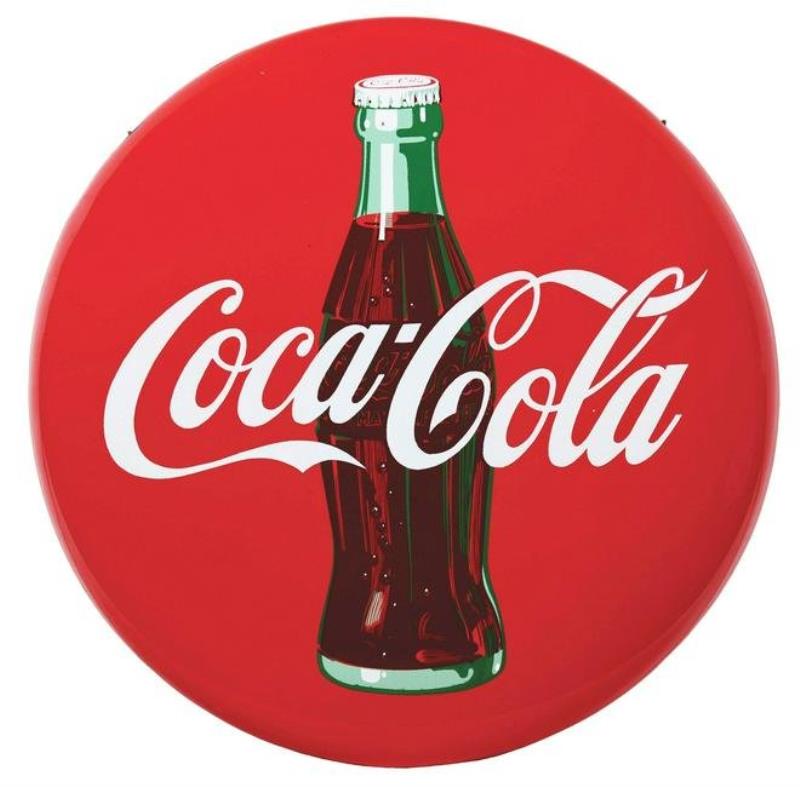 COCA-COLA PORCELAIN BUTTON SIGN WITH BOTTLE