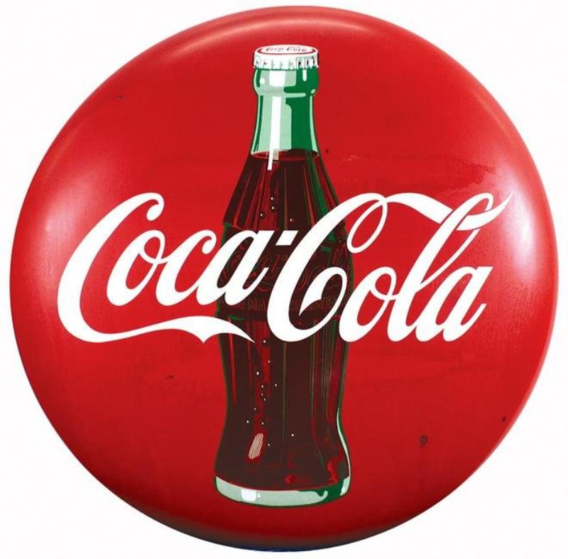 Coca-Cola Sign, porcelain button, factory notched rim