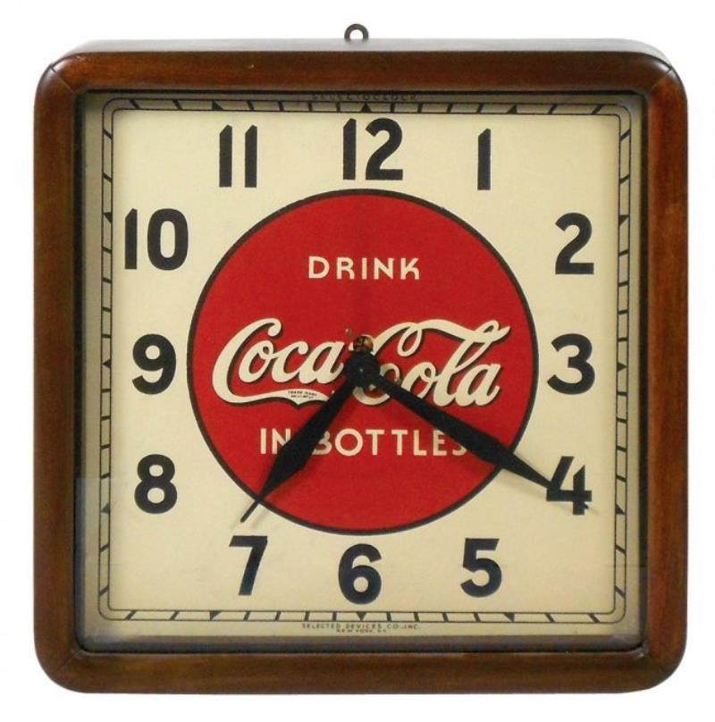 Coca-Cola clock, wood case w/metal face, c.1939, mfgd