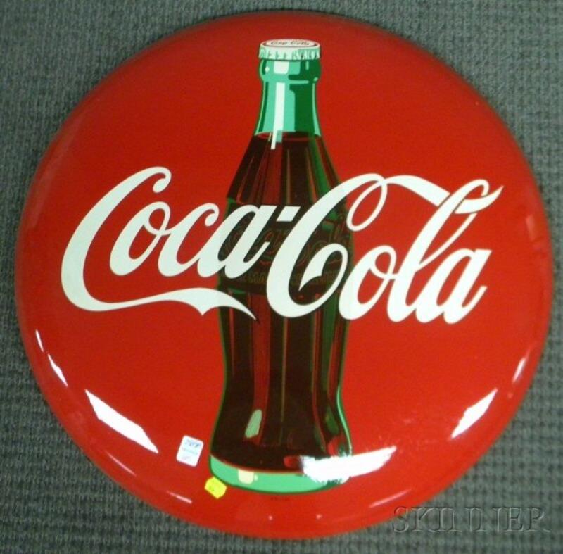 Coca-Cola Painted Tin Button Sign, c. 1952, (unuse