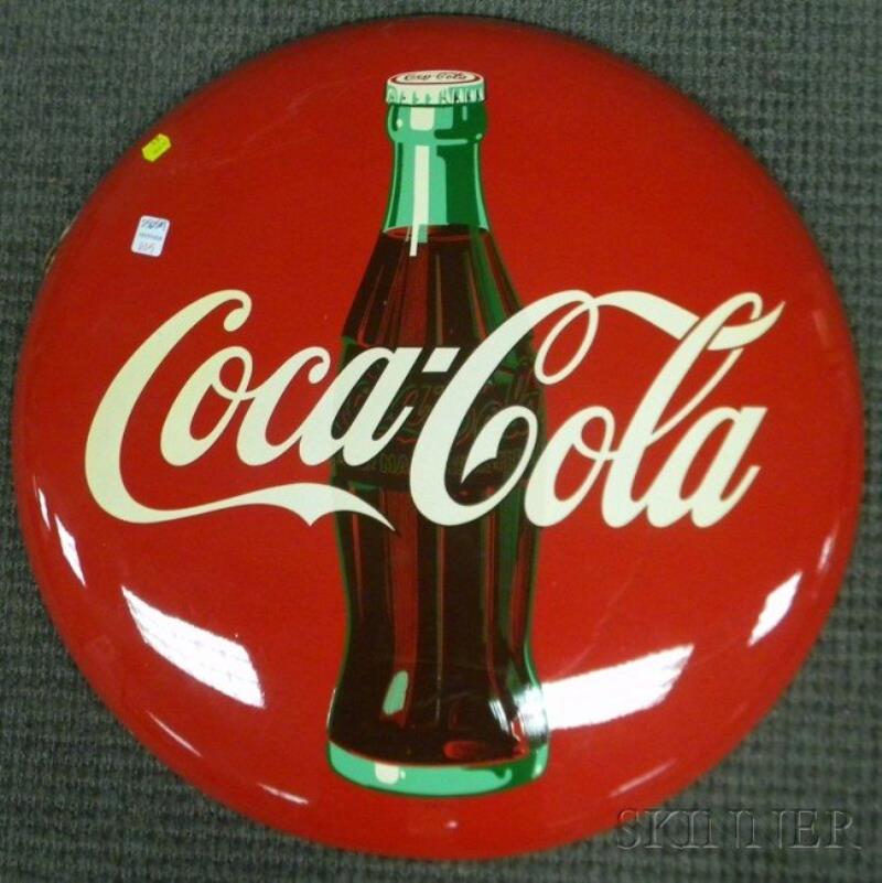 Coca-Cola Painted Tin Button Sign, c. 1952, (unuse