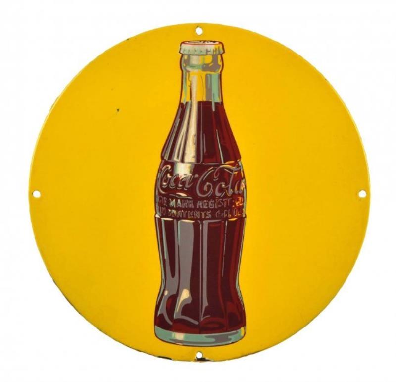 1930's Coca - Cola Porcelain Sign with Bottle