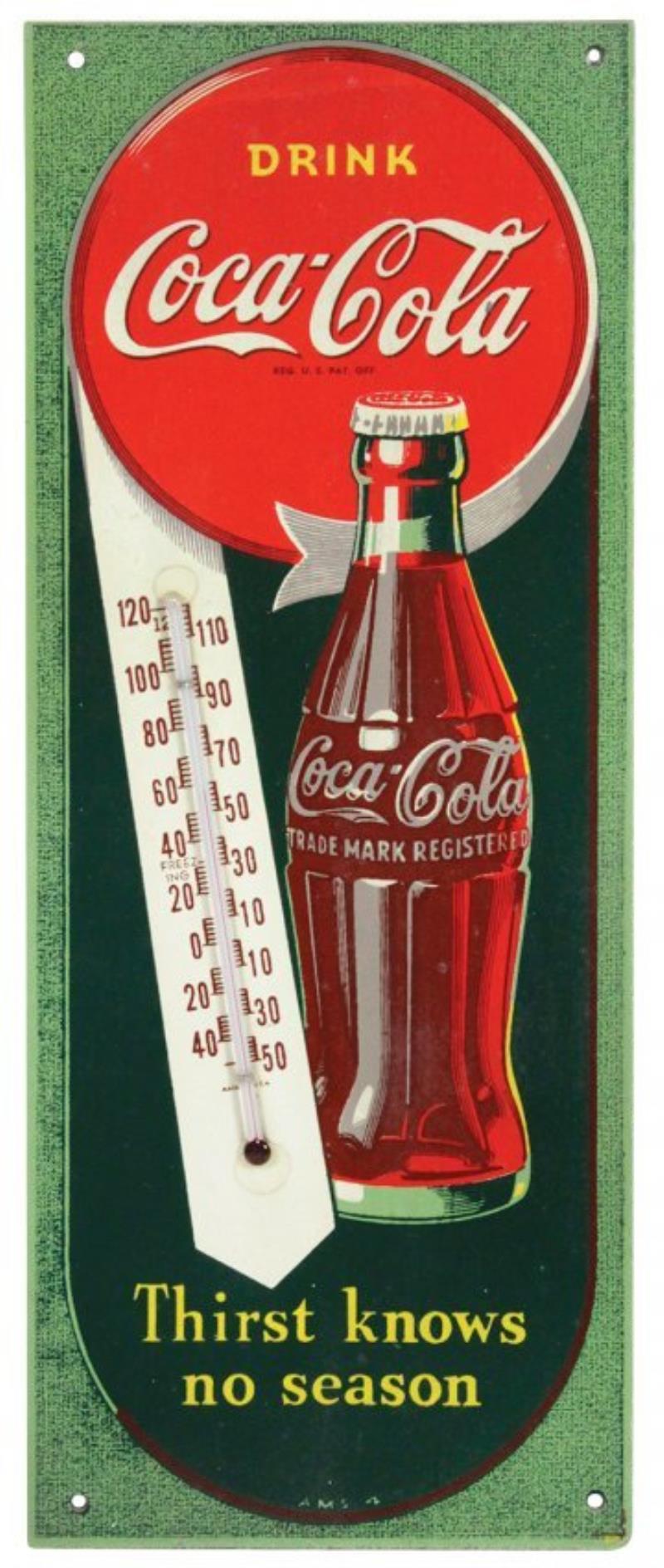 Coca-Cola Thermometer, Masonite, c1944, VG to Exc cond
