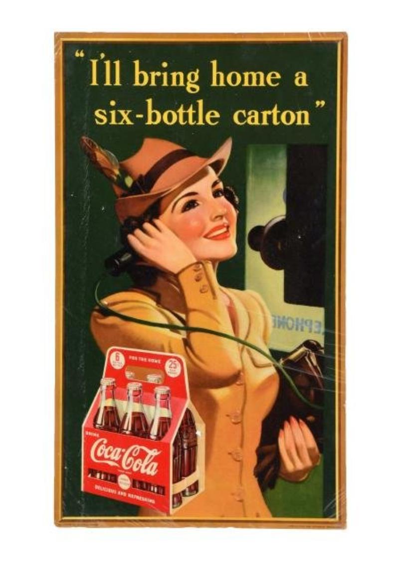 1940 Coca - Cola Six Bottle Carton Cardboard Sign.