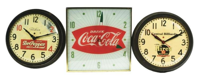DR PEPPER, HIRES AND COCA-COLA CLOCKS.