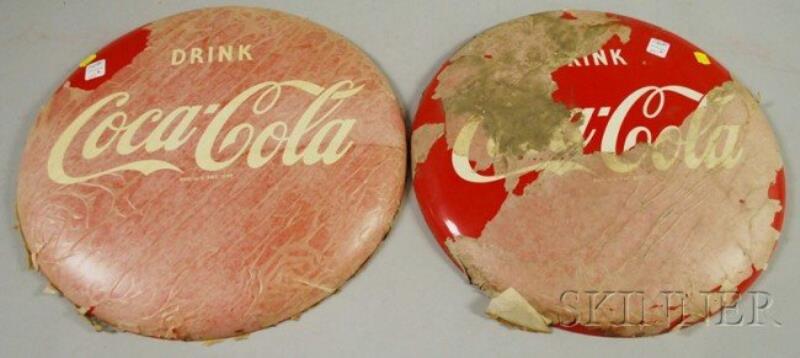 Pair of Coca-Cola Painted Tin Button Signs, c. 195
