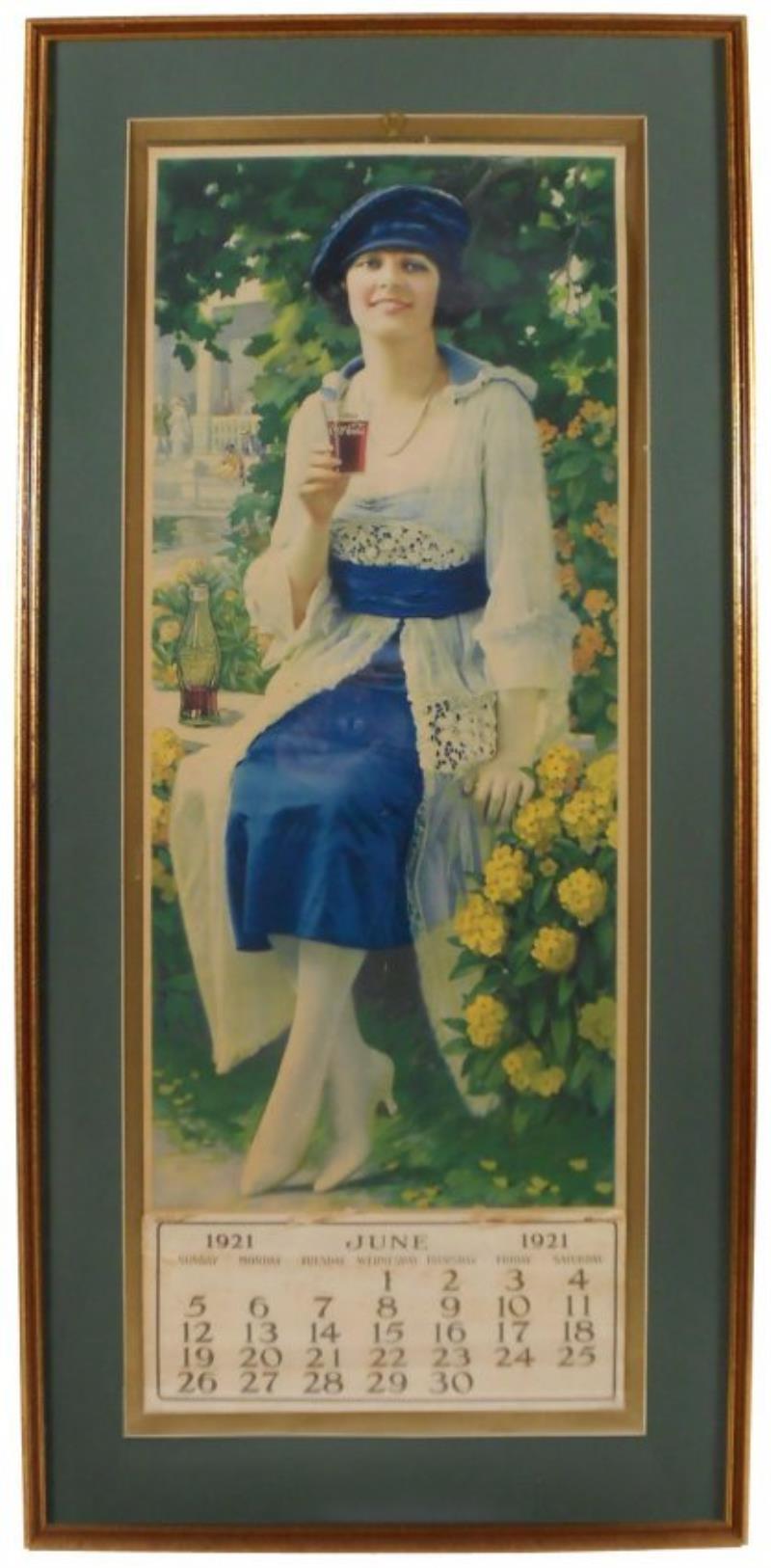 Coca-Cola calendar, c1921, girl w/glass in garden, Exc