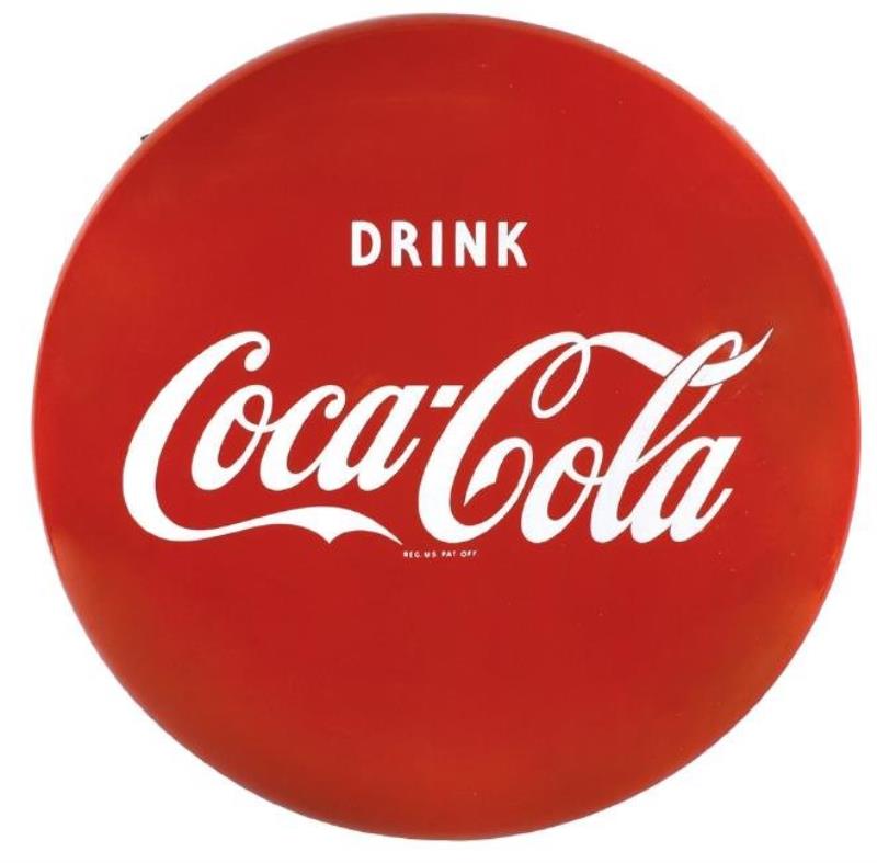 Coca-Cola sign, "Drink Coca-Cola" porcelain button, Exc